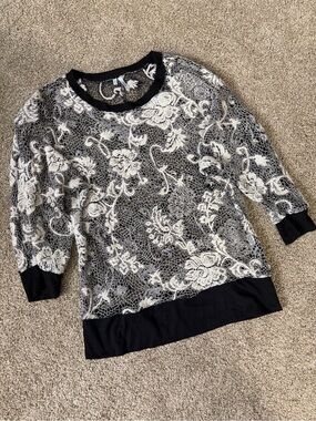 Studio Y Black Shirt with Ivory Floral Lace Overlay